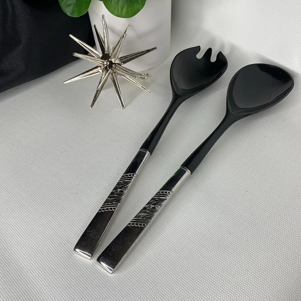 Vintage Oneida CATALINA stainless steel and black plastic handled salad servers